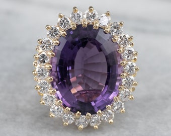 14K Gold Amethyst Diamond Halo Cocktail Ring