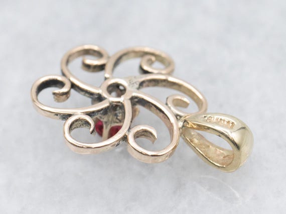 10K Yellow Gold Ruby Glass Scrolling Pendant - image 3