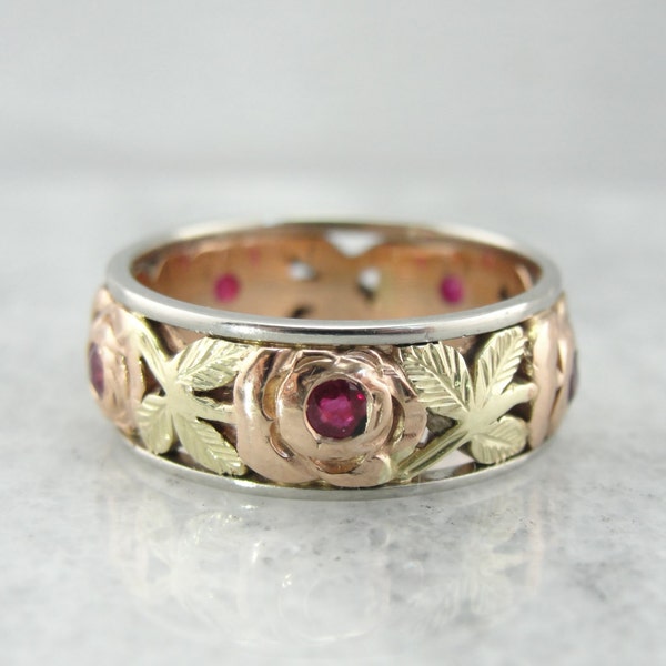 RESERVED Vintage Gold and Ruby Ring with Floral Accents Wedding Band 0NEP7Z-N