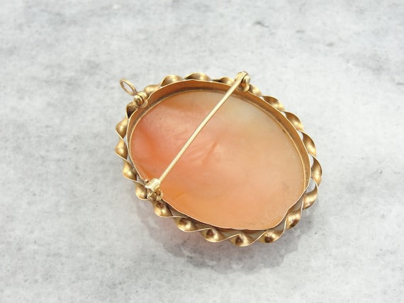 10Kゴールドコンクシェルカメオブローチ、クラシカルな肖像ペンダント