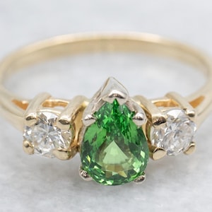 Tsavorite Garnet and Diamond Ring, Gold Garnet Ring, Three Stone Garnet Ring, January Birthstone, Anniversary Ring, Birthday Gift A64453