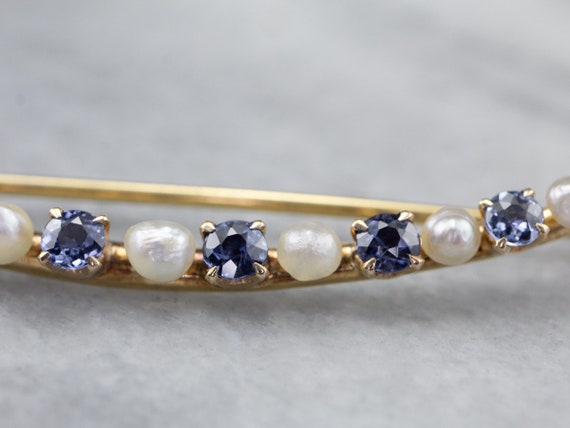 Crescent Moon Sapphire and Pearl Brooch, Yellow G… - image 7