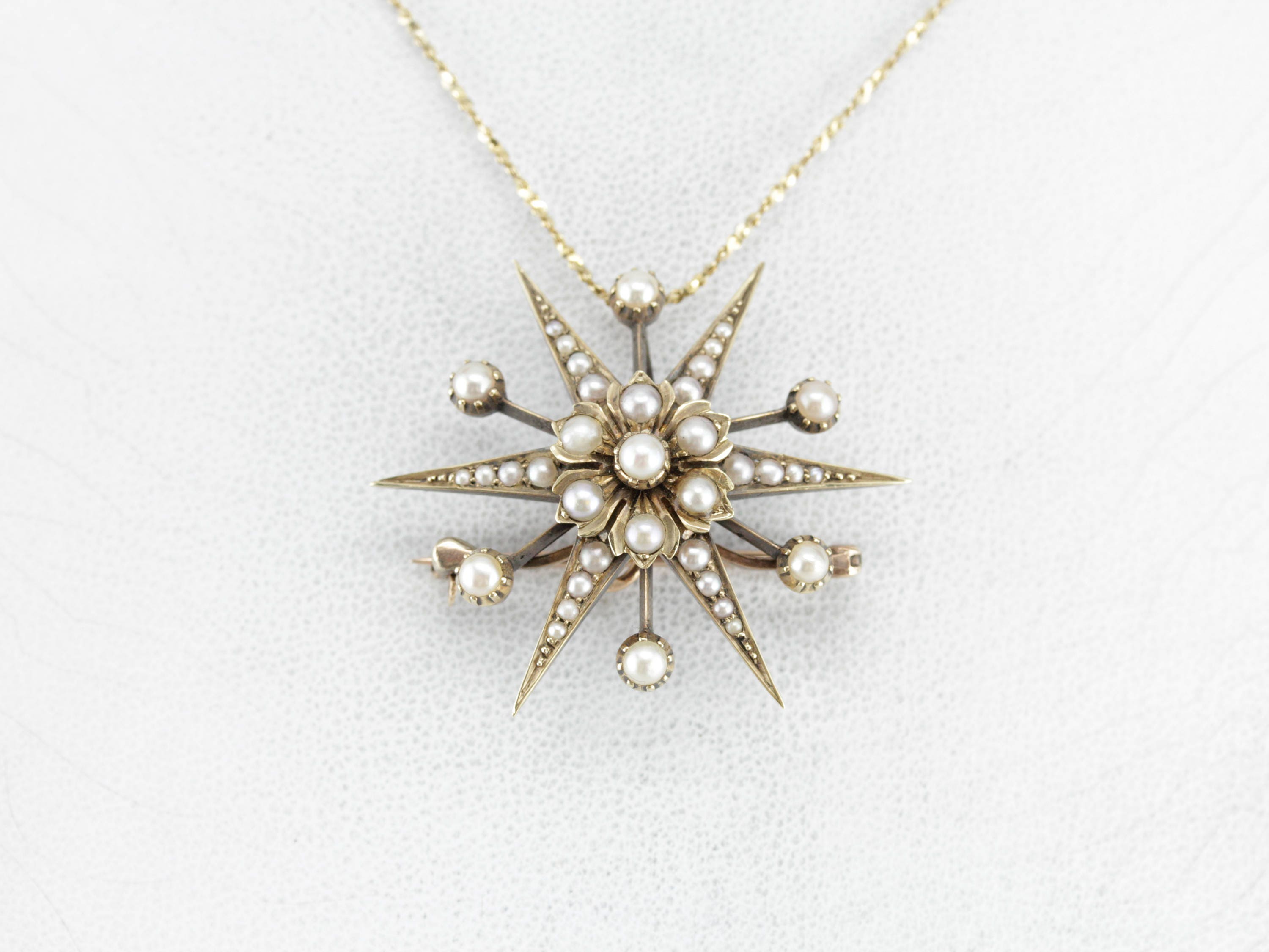 Antique Seed Pearl Starburst Brooch, Victorian Estate  Antique Victorian Sterling, Glass & Seed Pearl Brooch main image 2