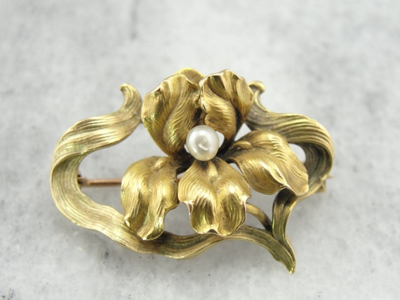 Art Nouveau Frilled Iris Pin with Pearl Center, L… - image 1