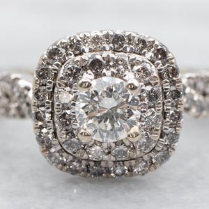 Champagne Diamond Double Halo Engagement Ring, 14K White Gold