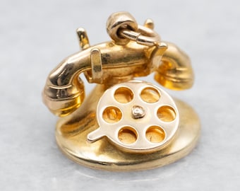 14K Yellow Gold Telephone Charm, Vintage Phone Pendant
