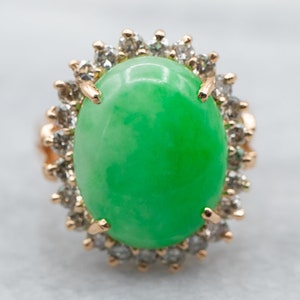 Vintage Jadeite Diamond Halo Ring, Yellow Gold Jadeite Ring, Jadeite Cabochon Ring, Anniversary Ring, Jadeite Jewelry, Birthday Gift A18271