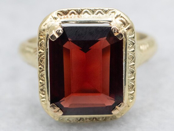 14K Yellow Gold Emerald Cut Garnet Ring, Patterne… - image 2