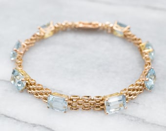 Aquamarine Gold Mesh Link Bracelet, Aquamarine Jewelry, Yellow Gold Layering Bracelet, March Birthstone, Anniversary Gift A24528