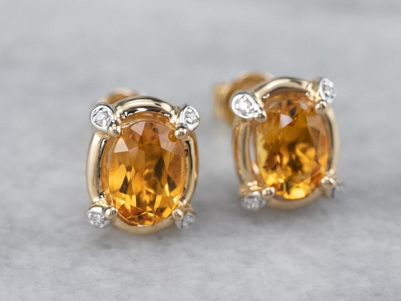 Citrine and Diamond Stud Earrings, Oval Citrine Stud Earrings, Yellow Gold Earrings, November Birthstone, Gemstone Stud Earrings JLNTVRXH image 4