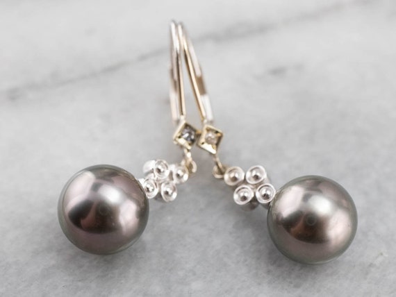Gray Pearl and Diamond Drop Earrings, Black Pearl Earrings