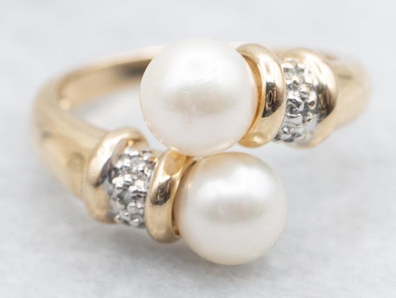 14K Gold Pearl Diamond Toi et Moi Ring