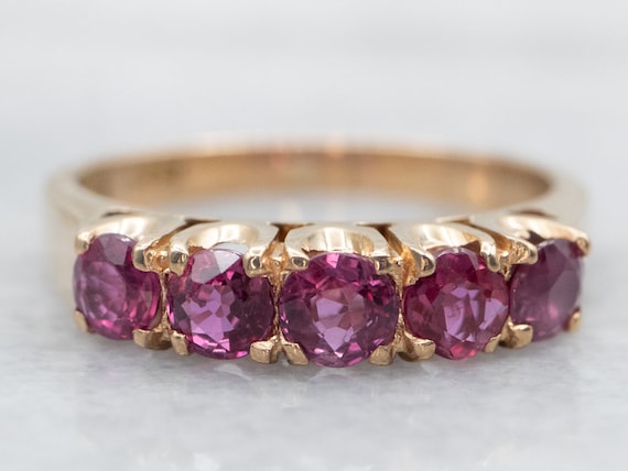 14K Yellow Gold Five Stone Ruby Band Ring - image 1