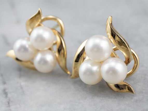 Cultured Pearl Cluster Earrings, Yellow Gold Pear… - image 4