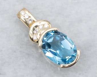 Blue Topaz Diamond 14K Yellow Gold Pendant, December Birthstone