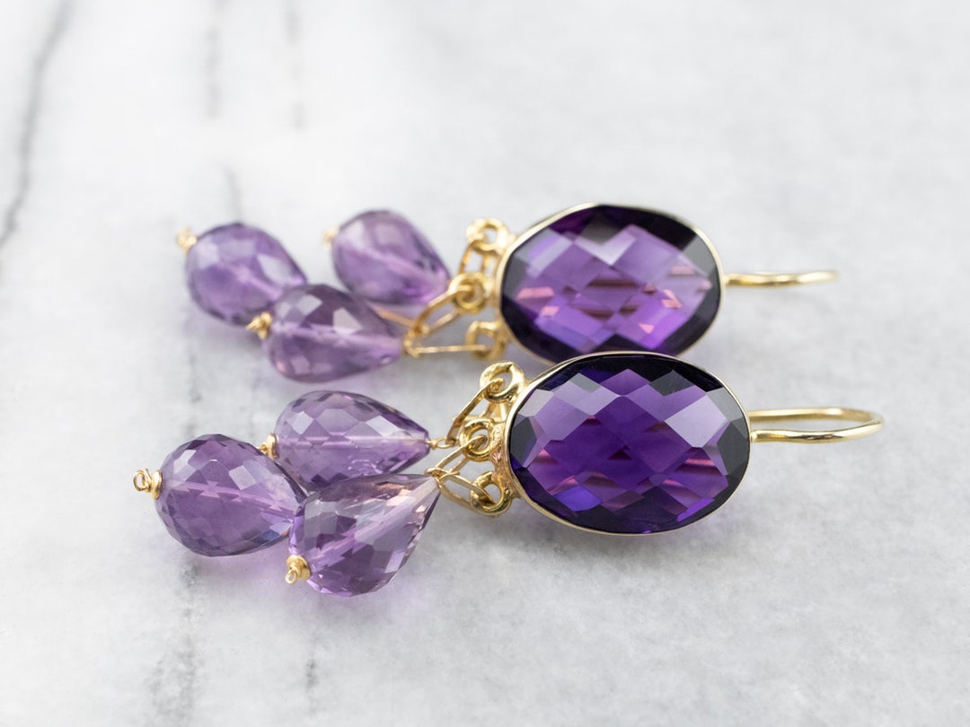 Bold Amethyst Drop Earrings, Yellow Gold Amethyst Earrings, Beaded