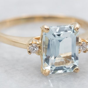 Yellow Gold Emerald Cut Aquamarine Ring with Diamond Accents, Emerald Cut Aqua, Aquamarine Ring, Gold Aqua Ring, Aqua and Diamond A39624