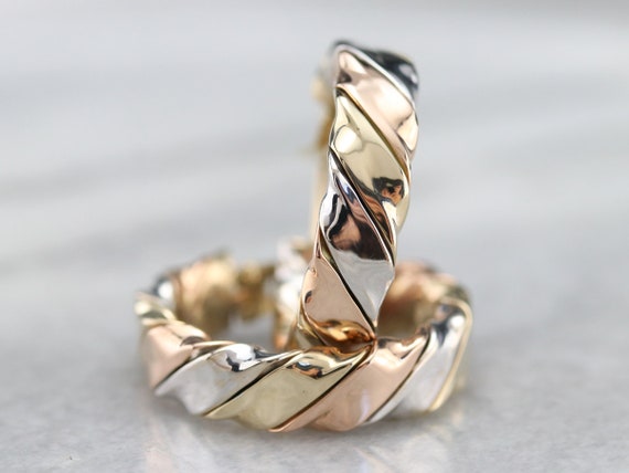 Tricolor Gold Twist Hoop Earrings, Mixed Metal Ho… - image 3