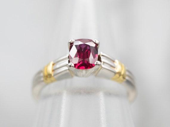 18K Gold & Platinum Ruby Ring, Oval Solitaire, Sc… - image 4
