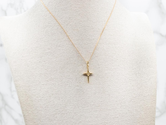 14K Yellow Gold Pointed Cross Pendant with Diamond - image 4