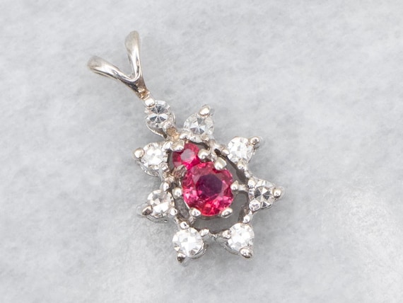14K White Gold Ruby and Diamond Halo Pendant - image 1