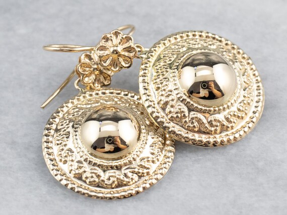 Yellow Gold Drop Earrings, Vintage Floral Drop Ea… - image 1