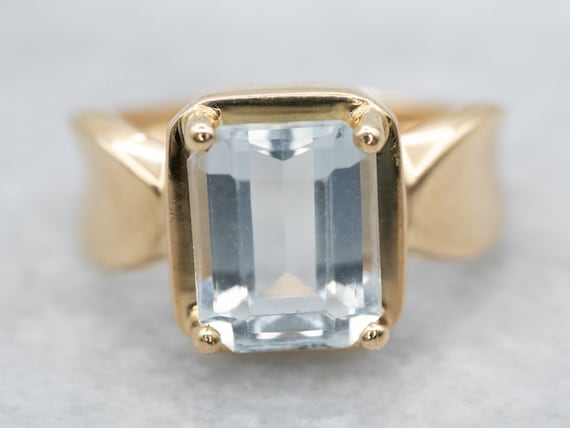 Aquamarine Gold Solitaire Ring, Emerald Cut Aquam… - image 1