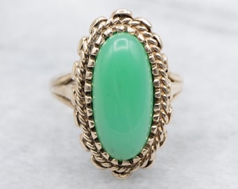 Vintage 10K Gold Chrysoprase Ring, Oval Cabochon, Rope Frame