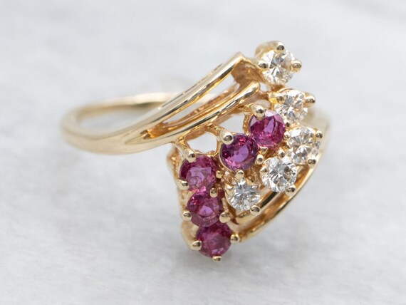 14K Yellow Gold Ruby and Diamond Cluster Ring, By… - image 2