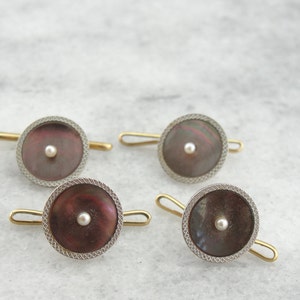 Sleek and Sophisticated Gray and Pearl Gold Tuxedo Shirt Studs, Antique, CTR7ER-D