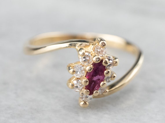 14K Yellow Gold Marquise Ruby Diamond Halo Bypass… - image 2