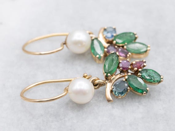 14K Yellow Gold Gemstone Drop Earrings, Ruby, Sap… - image 2