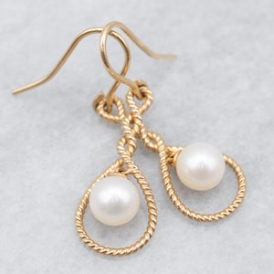 Gold Pearl Drop Earrings, Twisted Pearl Earrings, Yellow Gold Earrings, Anniversary Gift, Bridal Jewelry, Gifts for Her, A25030
