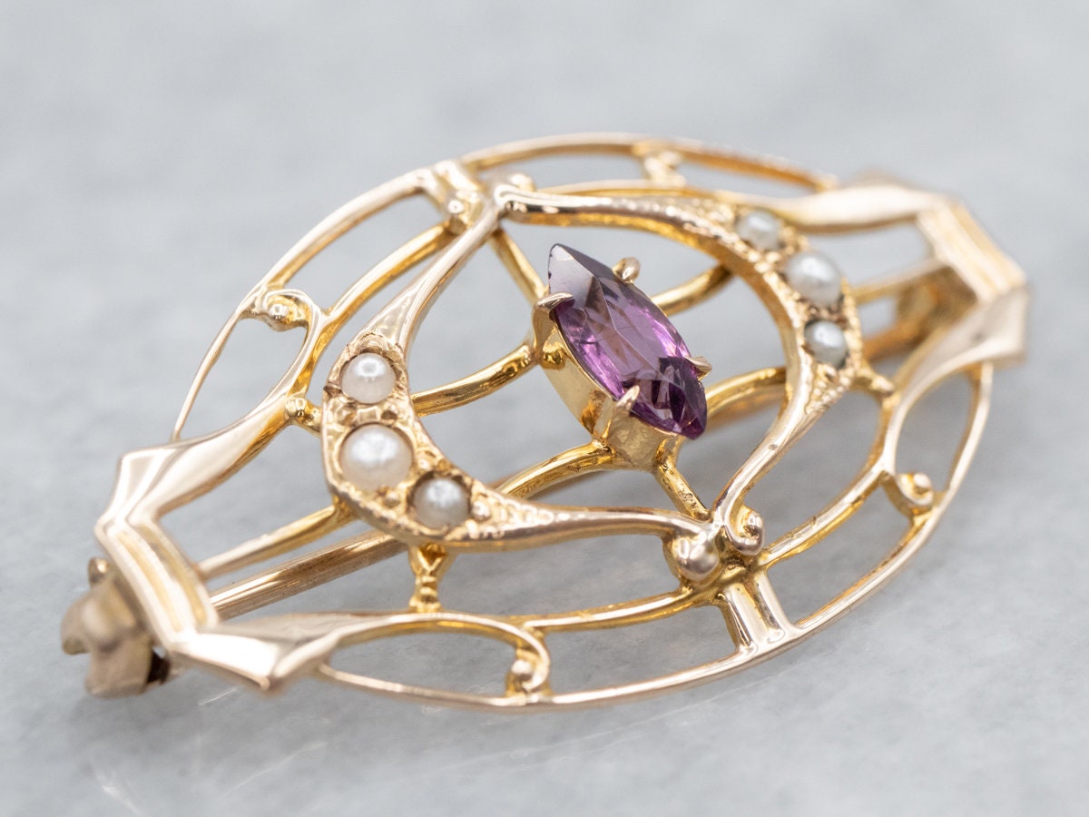 Antique Amethyst Glass Filigree Brooch, Art Nouveau Gold Pin