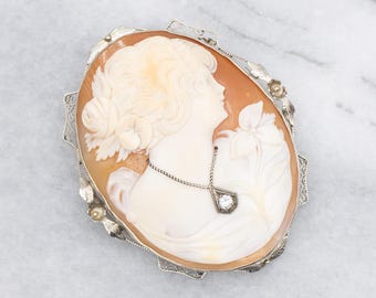 Art Deco 14K White Gold Shell Cameo Brooch, Diamond Accent