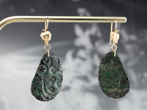 Carved Jade Gold Drop Earrings Statement Earrings Bridal Jewelry Gift for Her Dark Green Jade 3F6AN3FP