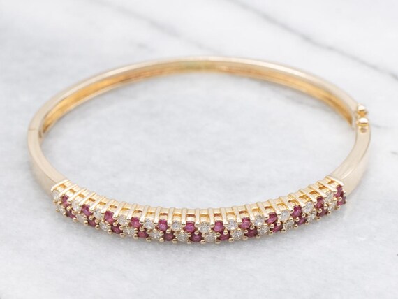 14K Yellow Gold Ruby and Diamond Bangle Bracelet - image 2