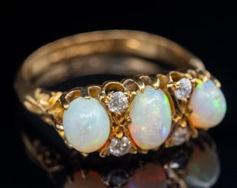 Anillo de ópalo y diamantes de los años 20, anillo antiguo de oro de 18 quilates