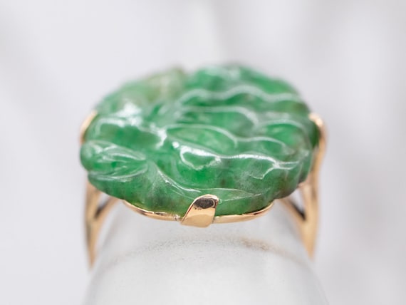 Vintage Carved Jade Cocktail Ring, Botanical Jade… - image 4