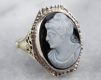 Art Deco Black Onyx Cameo Ring, Antique Cameo Ring, Cameo Filigree Ring, Black and White Cameo, Two Tone Gold Cameo Ring A1675