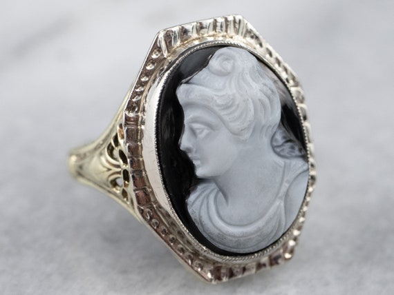 Art Deco Black Onyx Cameo Ring, Antique Cameo Rin… - image 1