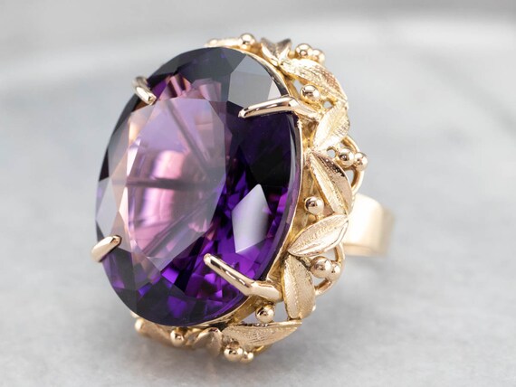 18K Gold Amethyst Cocktail Ring, Botanical Statem… - image 3