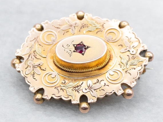 Ornate Victorian 9K Yellow Gold Ruby Brooch, Brid… - image 1