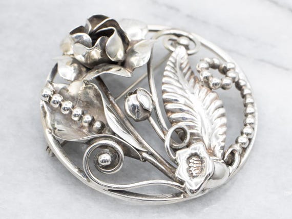 CW お花 ボタニカル オープンワーク 925 シルバー ヴィンテージ フラワー ヴィンテージ スターリングシルバー ボタニカル サークルピン