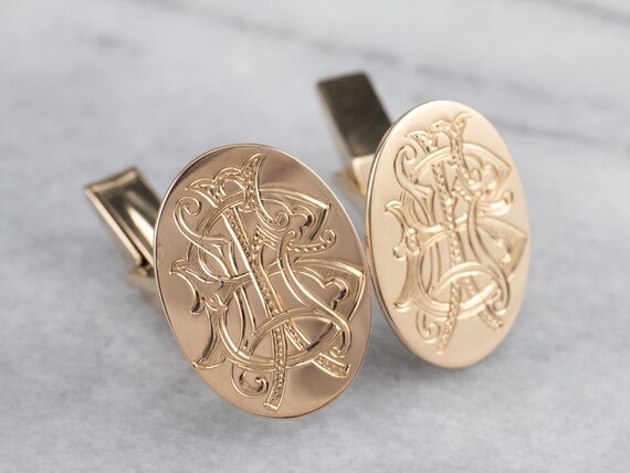 Antique 14K Yellow Gold Monogram Cufflinks, BI In… - image 3