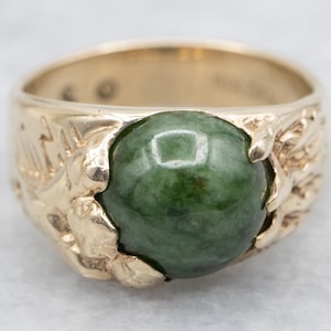 Nephrite Jade in Sculptural Gold Solitaire Ring, Yellow Gold Nephrite Jade Ring, Jade Cabochon Ring, Jade Jewelry A66115