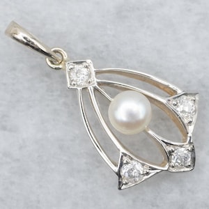 Colgante de perla y diamante talla mina antigua, colgante de diamantes Art Déco, colgante de capas, colgante de perla y diamante en oro blanco, colgante antiguo A65049