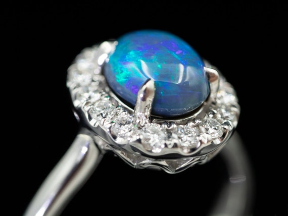 18K White Gold Black Opal and Diamond Halo Ring, … - image 3