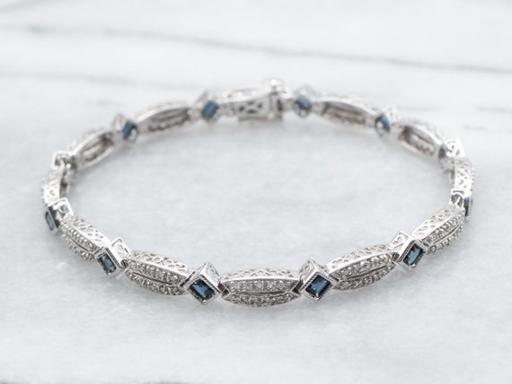 White Gold Square Cut Sapphire and Diamond Tennis… - image 1