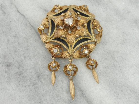 Antique Rose Cut Diamond Brooch, Victorian Era Fe… - image 3